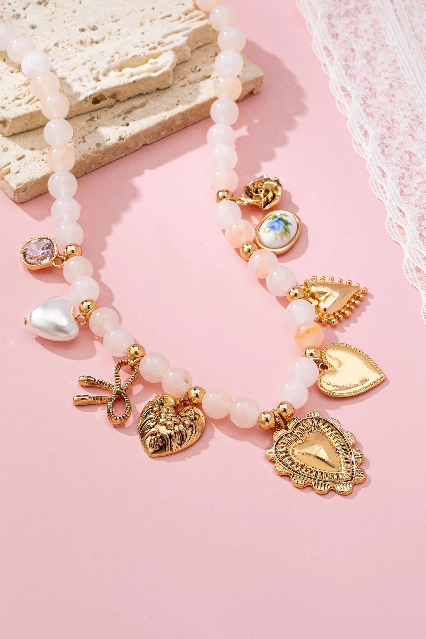 White Beaded Porcelain Heart Charm Necklace