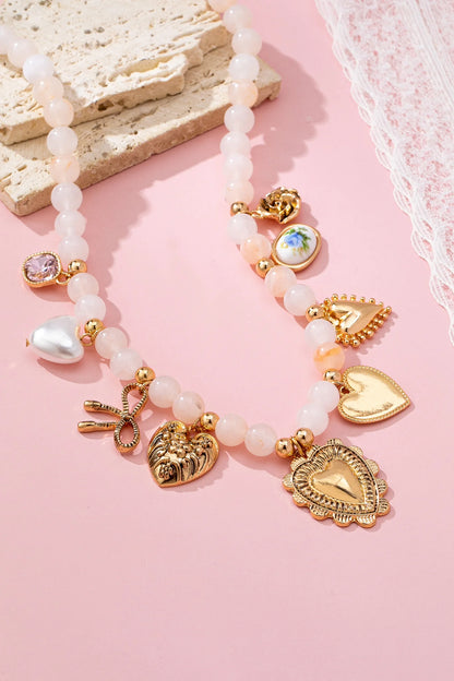 White Beaded Porcelain Heart Charm Necklace