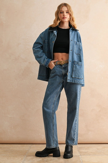 Denim Utility Jacket w/ Black Corduroy Collar