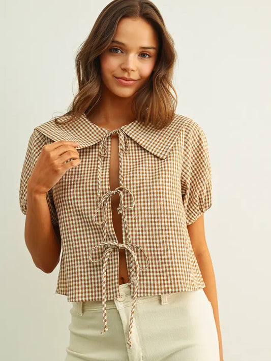 Gingham Sailor Tie Top - Mocha