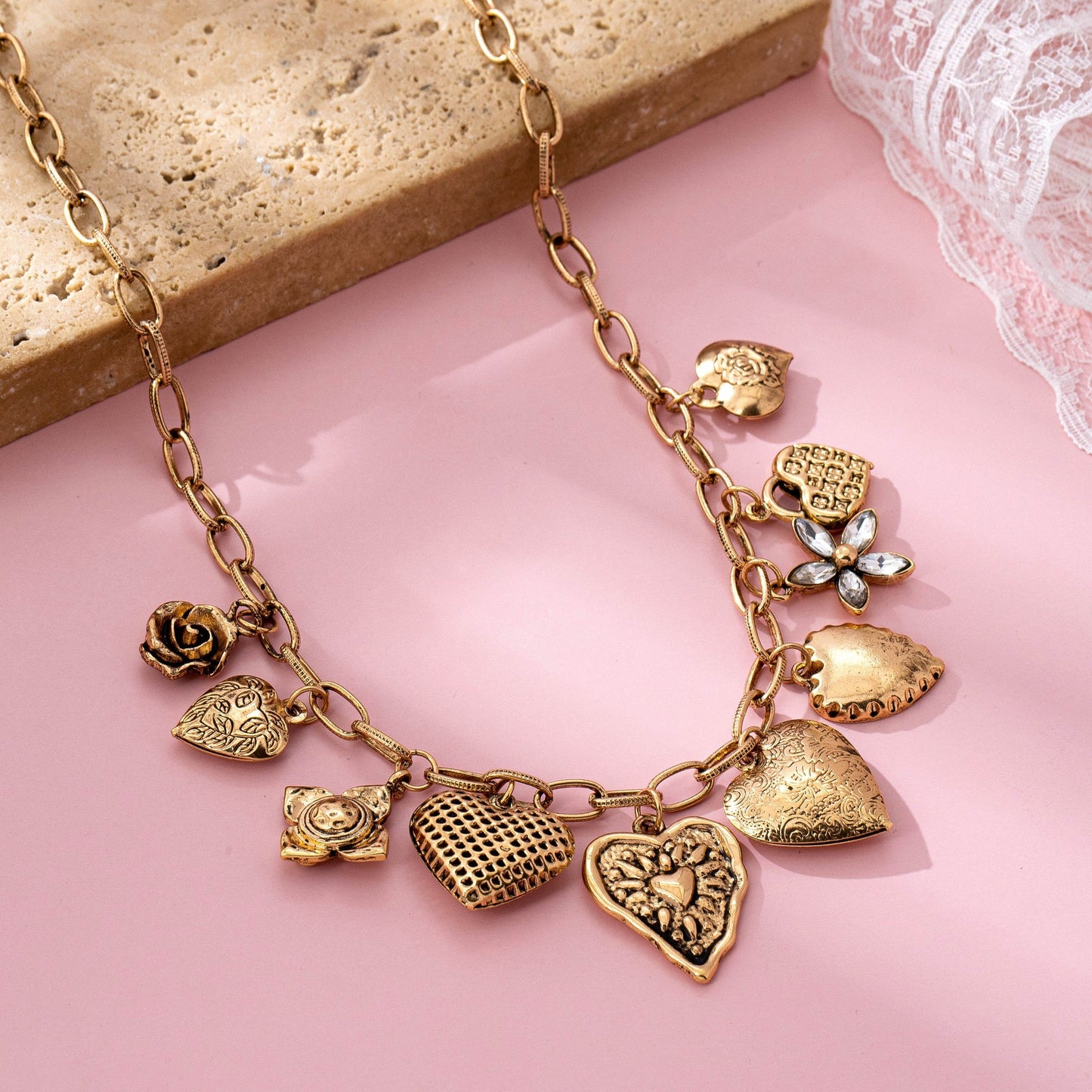 Gold-Tone Heart Charm Cluster Necklace