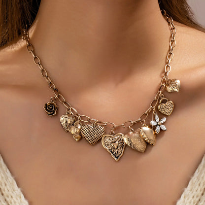 Gold-Tone Heart Charm Cluster Necklace