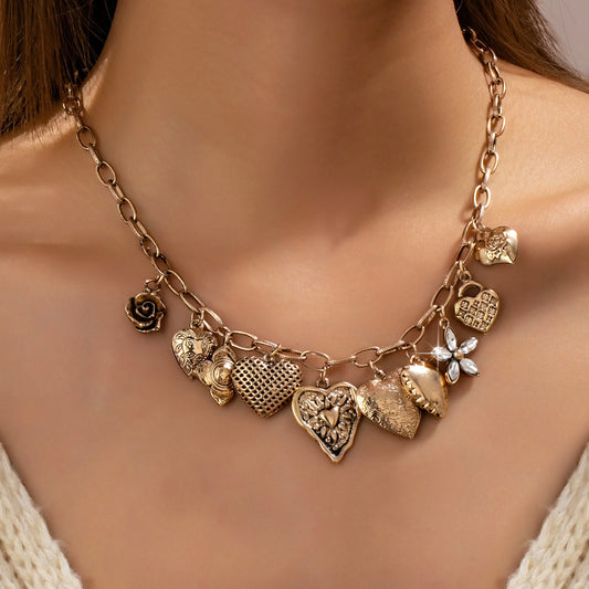 Gold-Tone Heart Charm Cluster Necklace