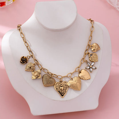 Gold-Tone Heart Charm Cluster Necklace