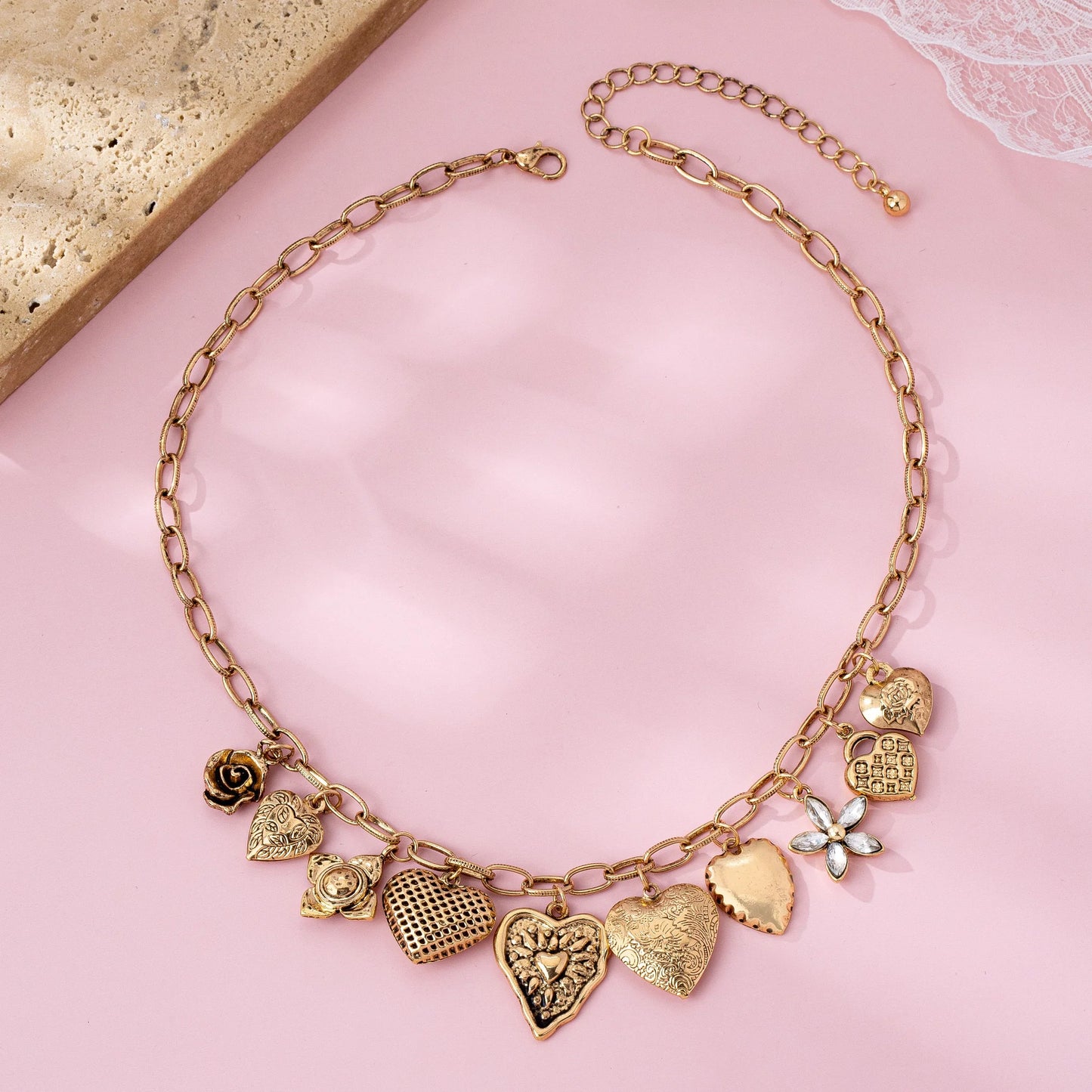 Gold-Tone Heart Charm Cluster Necklace