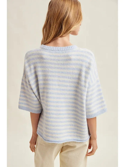 Striped S/S Cardigan - Sky/White
