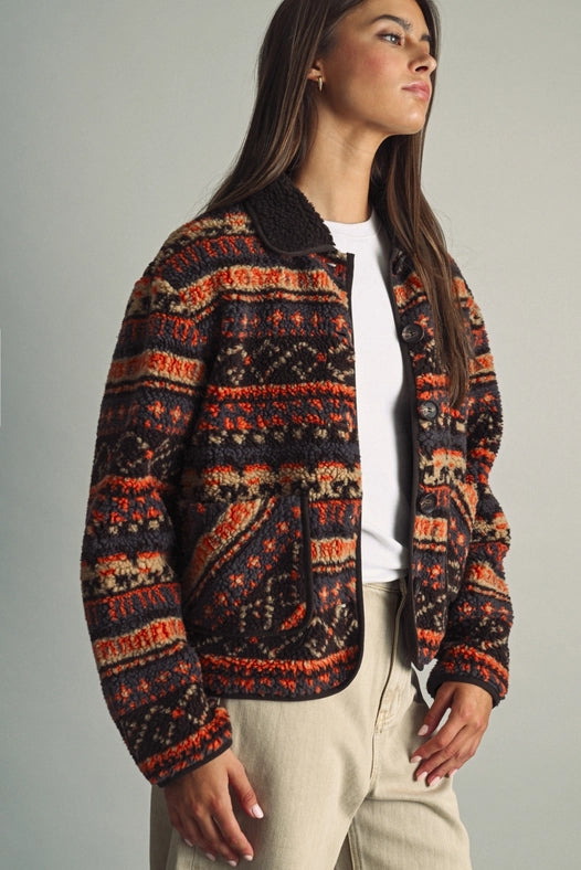 Patterned Teddy Fleece Jacket - Multi