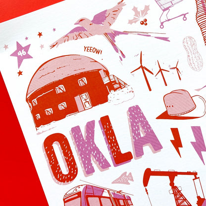 Art Print - Oklahoma Icons - Red/Pink