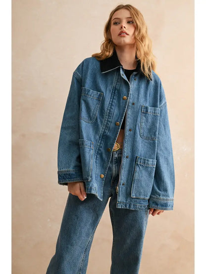Denim Utility Jacket w/ Black Corduroy Collar