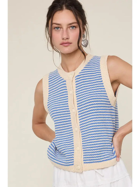 Striped Button Up Sweater Vest - Coastal/Natural