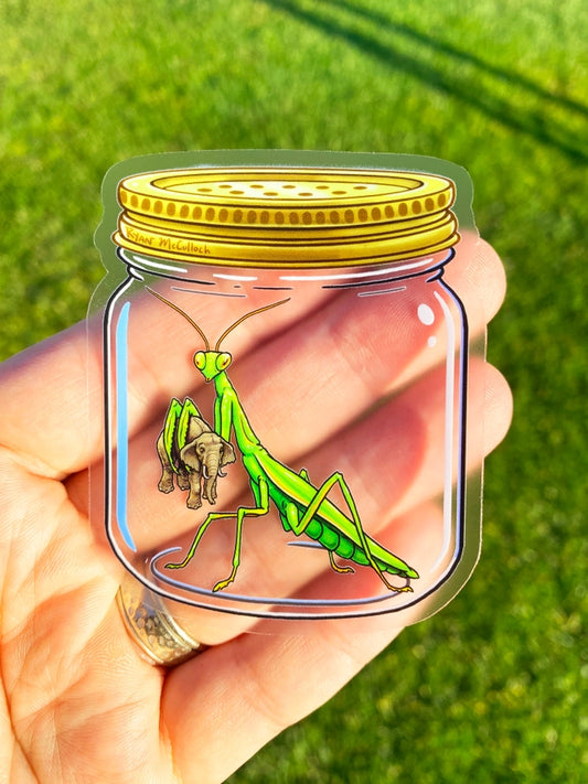 Clear Sticker: Praying Mantis Eating Elephant (in A Jar)