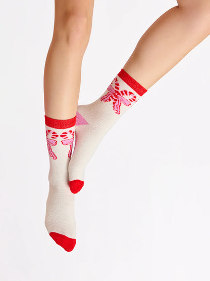 Candy Cane Bow Socks - Ivory