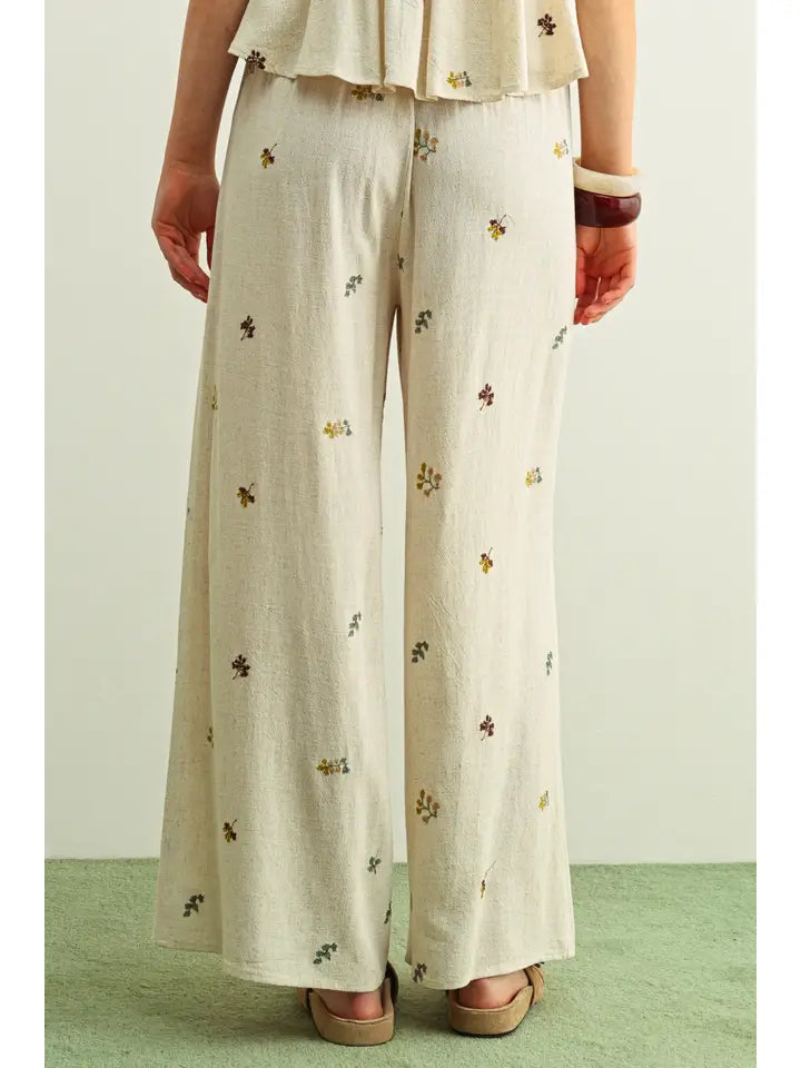 Embroidered Gauze Wide Leg Pant