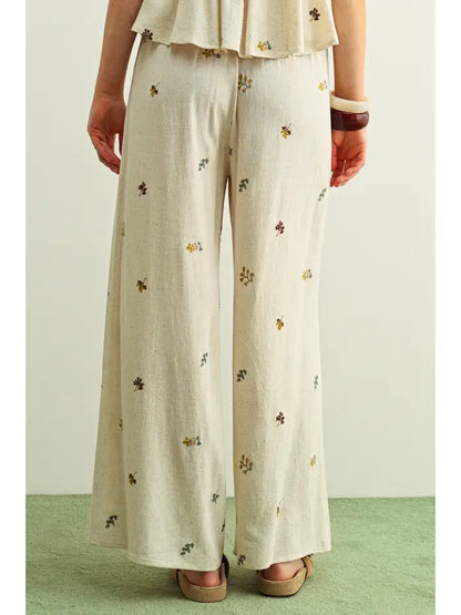 Embroidered Gauze Wide Leg Pant