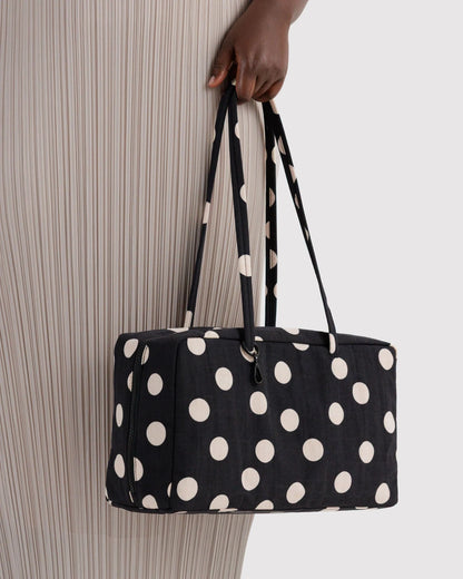 Medium Nylon Bowler Bag - Black & Cream Polka Dot