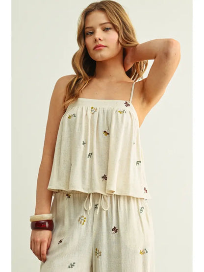 Embroidered Gauze Crop Tank - Beige