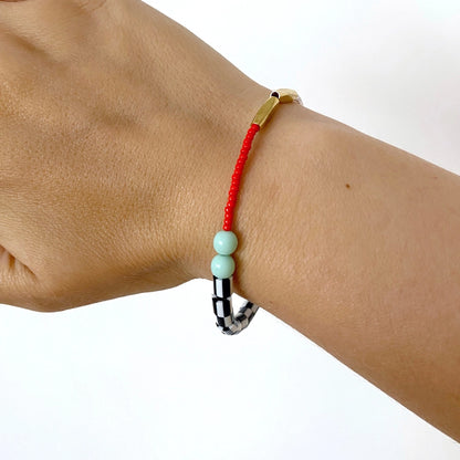 Dot Beaded Bracelet - Mint and Postbox Red