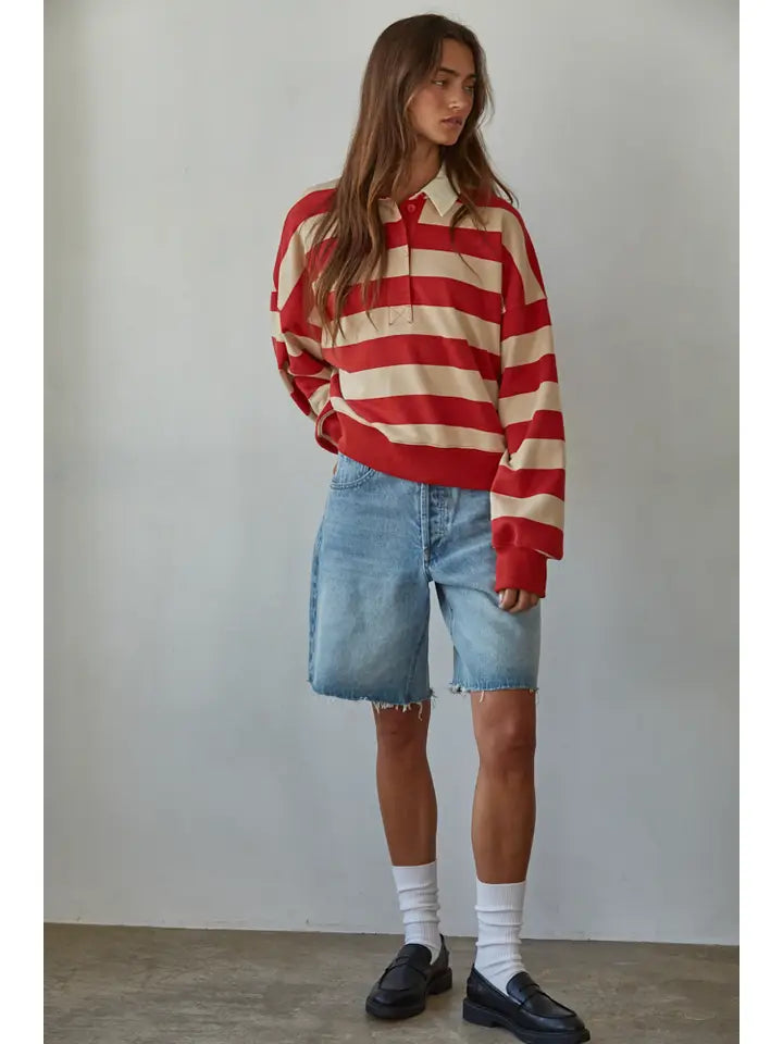 Striped Half Button Up Rugby Top - Taupe/Red