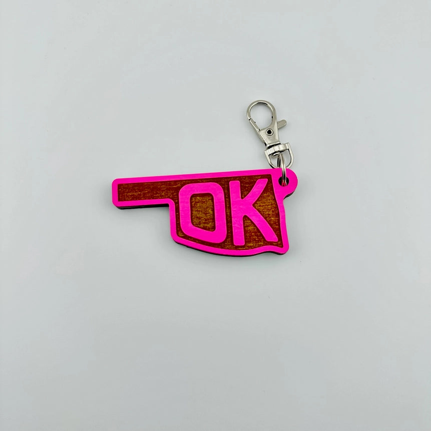 OK State Wooden Keychain - Pink