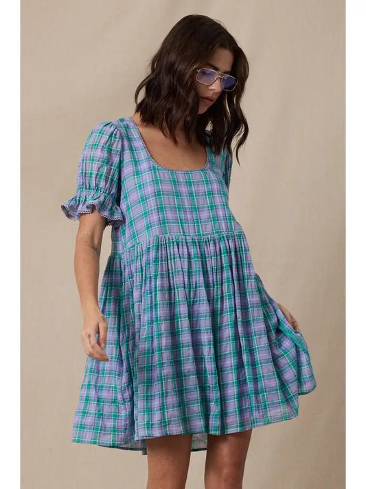 Mini Dress - Lavender/Teal Plaid