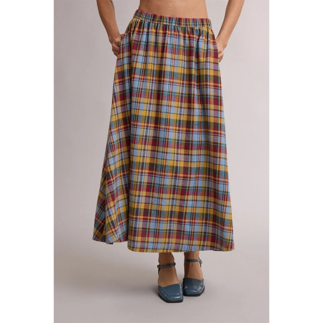 Plaid A-Line Midi Skirt - Red/Sky