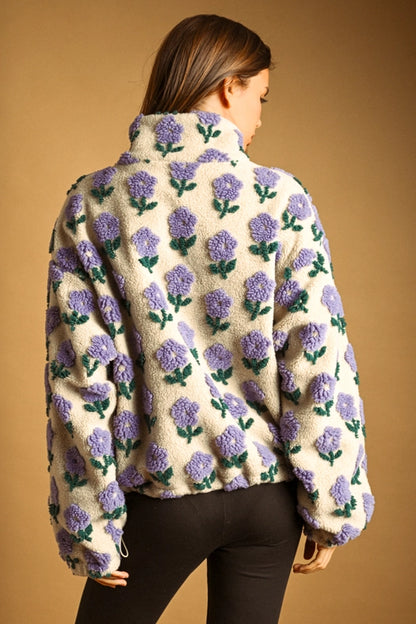 Flower Pattern Sherpa Jacket - Ecru/Periwinkle