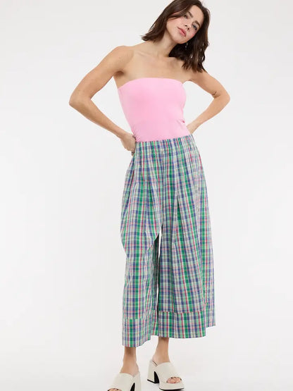 Plaid Wide Leg Pants - Green Combo