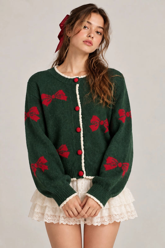 Ribbon Pattern Knit Cardigan - Hunter Green