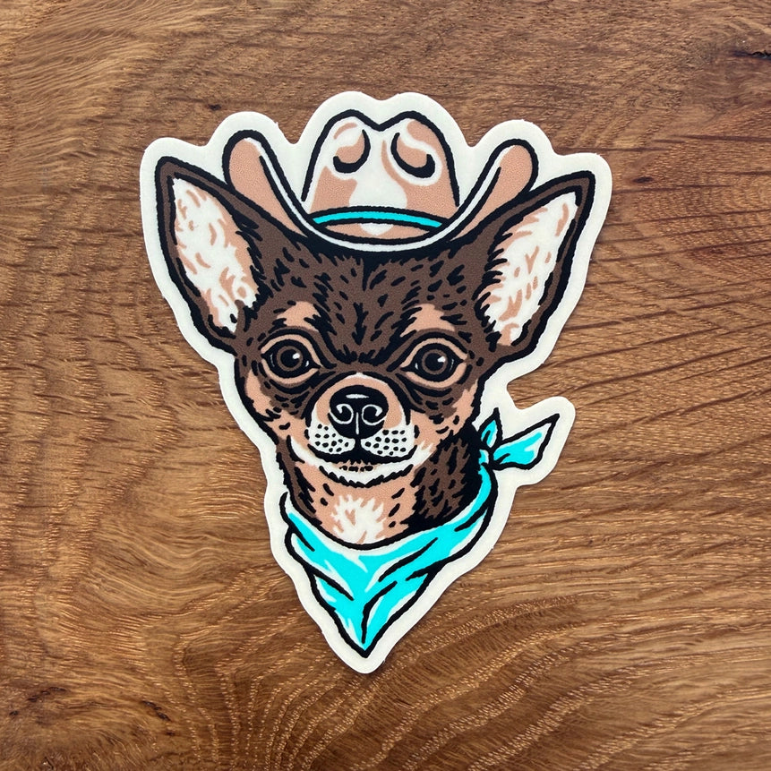 Brown Chihuahua Cowdog - Vinyl Cowboy Dog Sticker 3"