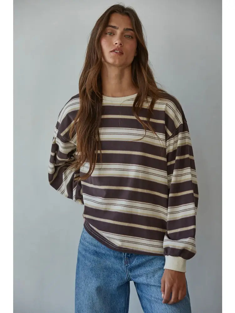 Cotton Striped L/S Top - Cream/Brown