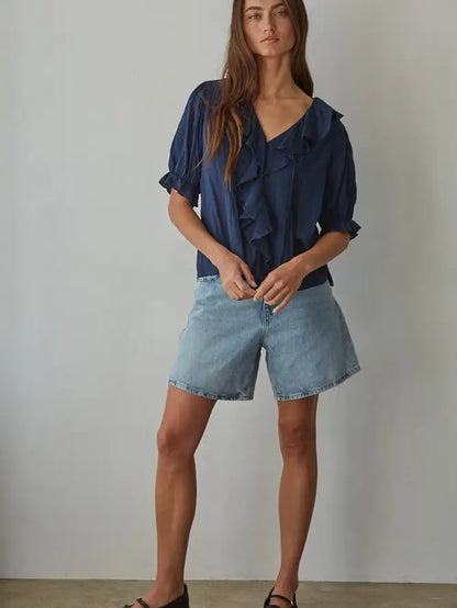 Ruffle V-Neck Top - Navy