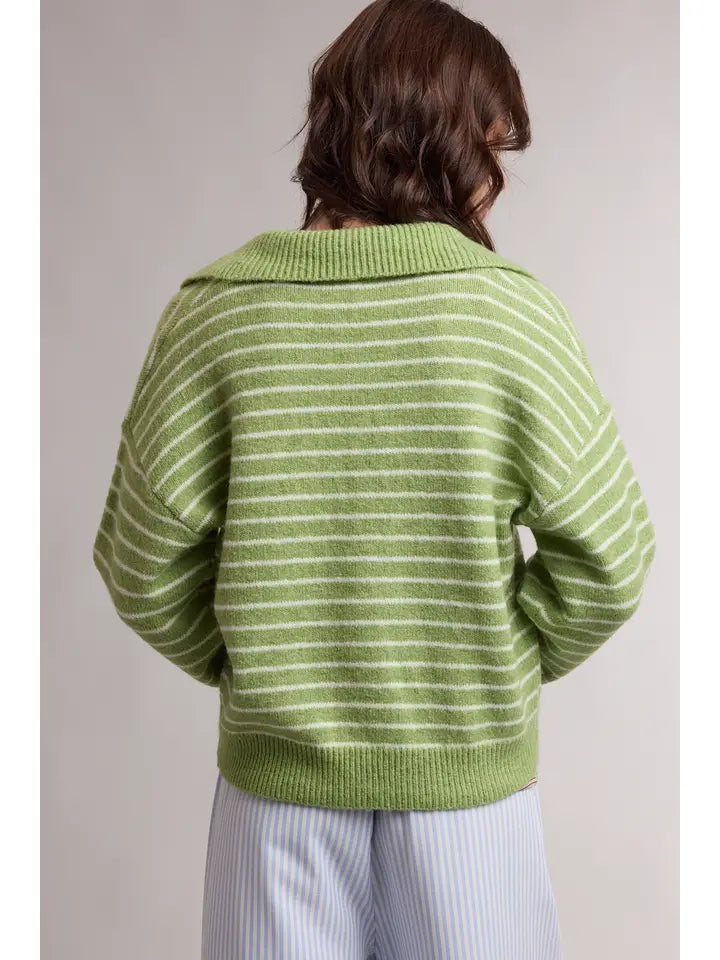 Striped Button Up Cardigan - Matcha/Cream