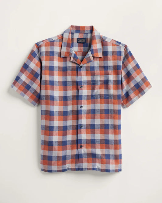 Linen Camp S/S Shirt - Navy/Ochre Check