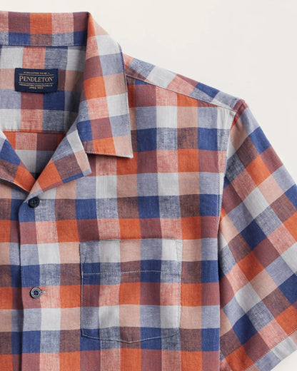 Linen Camp S/S Shirt - Navy/Ochre Check