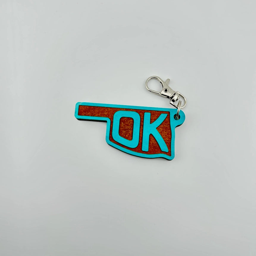 OK State Wooden Keychain - Teal