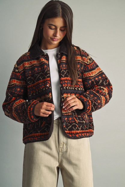 Patterned Teddy Fleece Jacket - Multi