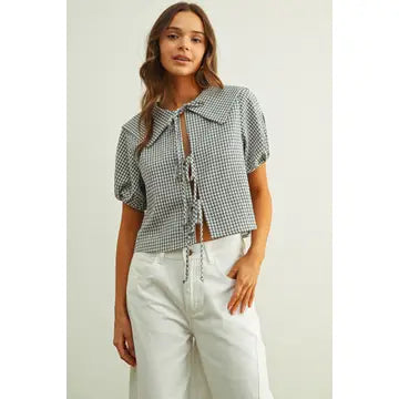 Gingham Sailor Tie Top - Blue