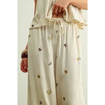 Embroidered Gauze Wide Leg Pant