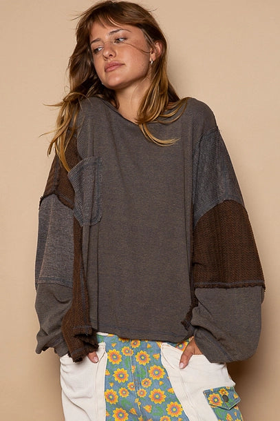 Oversized Mixed Fabric Round Neck Top - Charcoal