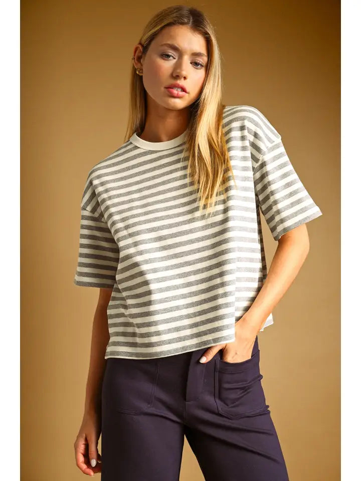 Bold Stripe S/S Top - Heather Grey