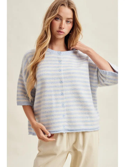Striped S/S Cardigan - Sky/White