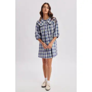 Peter Pan Collar Plaid Mini Dress - Blue