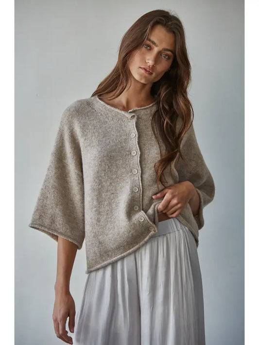 Knit Quarter Sleeve Cardigan - Light Mocha