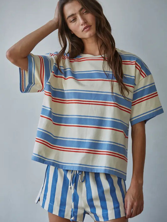 Striped S/S Top - Cream/Blue