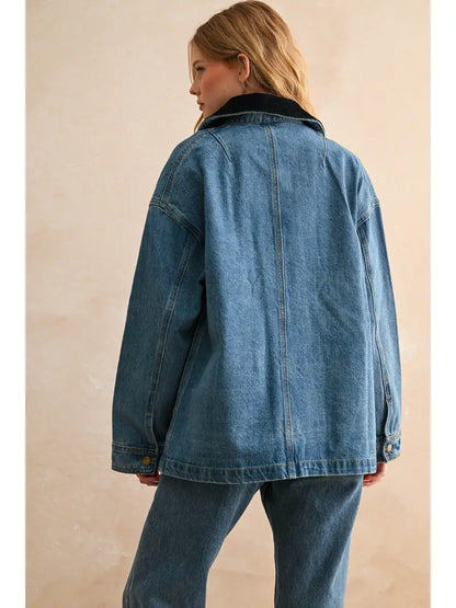 Denim Utility Jacket w/ Black Corduroy Collar