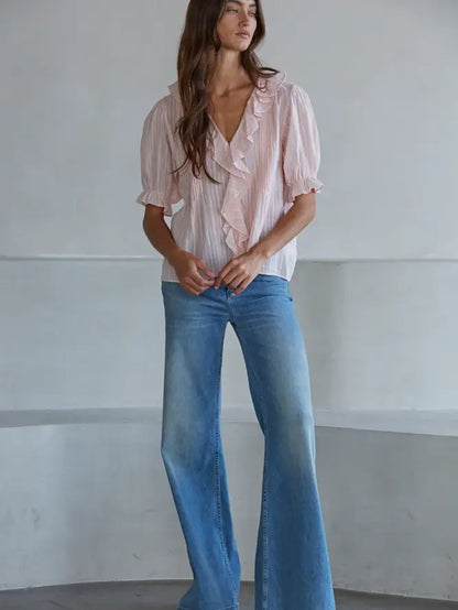 Ruffle V-Neck Top - Baby Pink