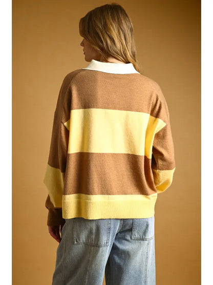 Color Block Collared Sweater - Butter/Brown
