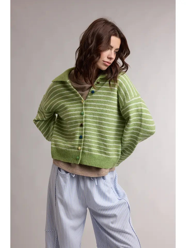 Striped Button Up Cardigan - Matcha/Cream
