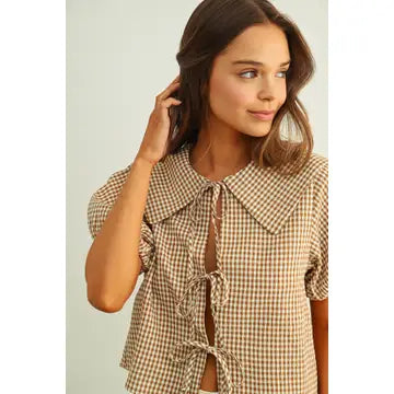 Gingham Sailor Tie Top - Mocha