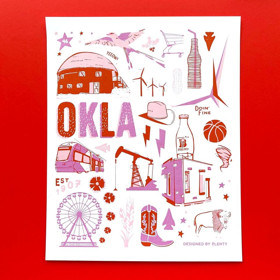 Art Print - Oklahoma Icons - Red/Pink